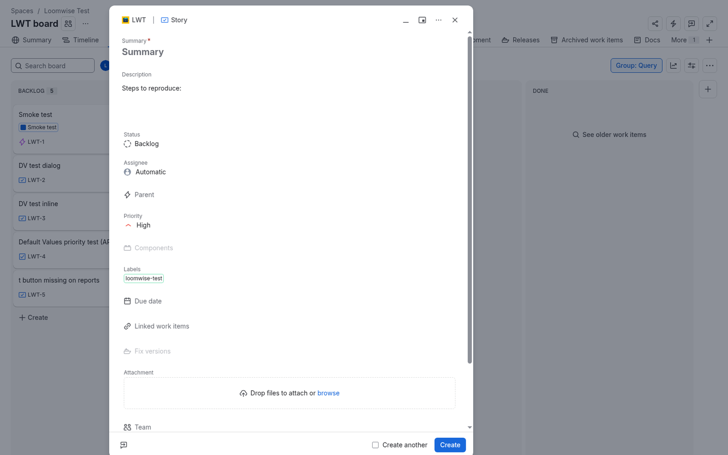 Jira Create dialog with Description, Priority and Labels pre-filled by Loomwise Default Values