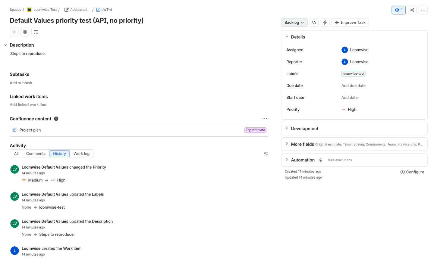 Issue history showing Loomwise Default Values updating priority, labels and description