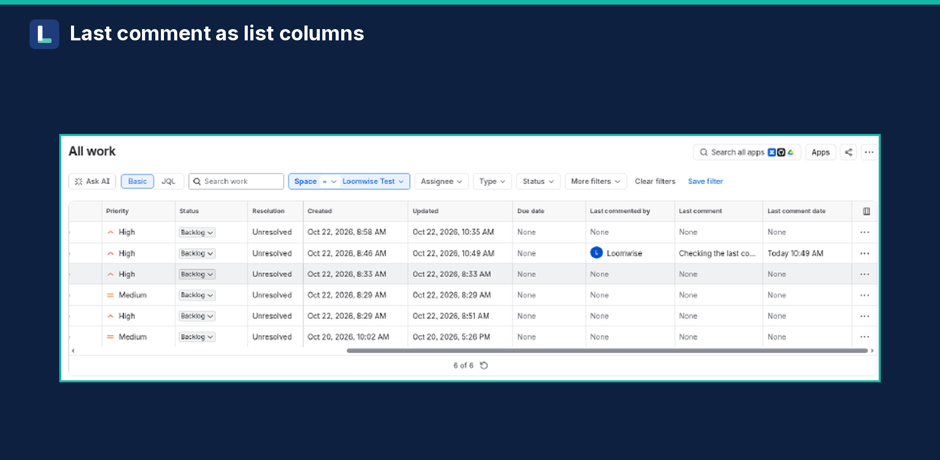 Jira issue list with Last commented by, Last comment and Last comment date columns